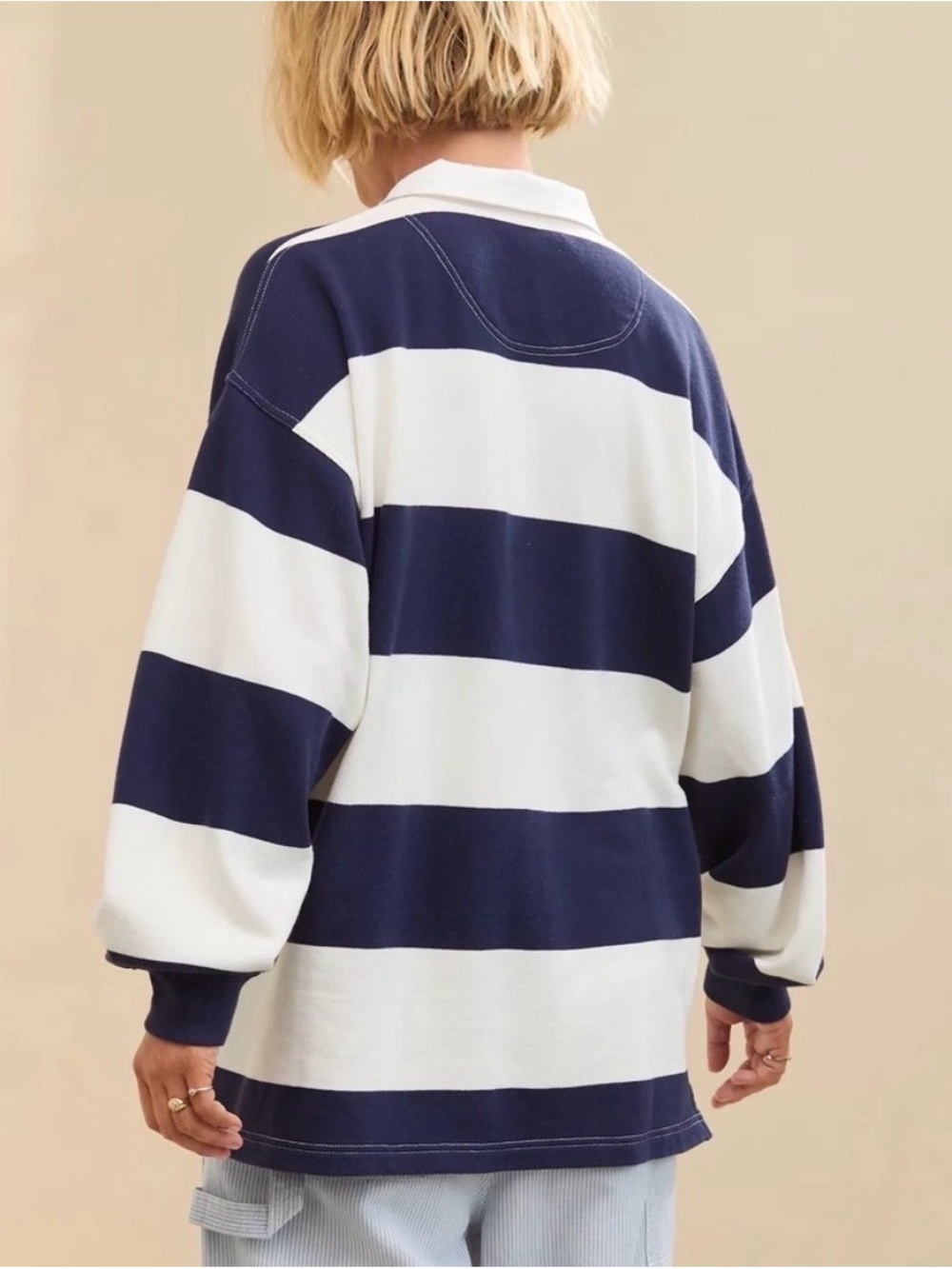 aerie Navy and White Striped Rugby Pullover